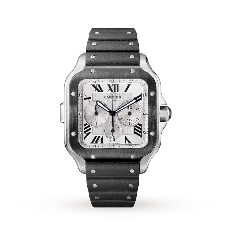 The Santos de Cartier Chronograph by Cartier features a square case, silver dial with black Roman numerals, chronograph subdials, date display, and a black rubber strap accented with metal rivets.