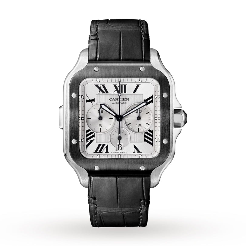 The Santos de Cartier Chronograph by Cartier features a silver square face, black Roman numerals, three subdials, date window, chronograph mechanical movement, black leather strap, and metal bezel.