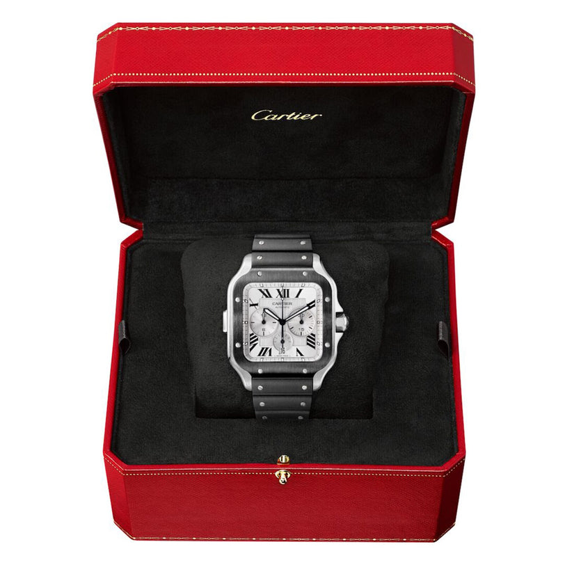 A Santos de Cartier Chronograph by Cartier, featuring a square face and Roman numerals, is displayed in an open red Cartier box with a black interior, highlighting the elegance of the brand.