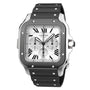 The Santos de Cartier Chronograph by Cartier features a square silver case, black bezel screws, white Roman numeral dial, chronograph subdials, date display, and a black rubber strap with chronograph mechanical movement.