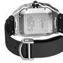 Back view of the Santos de Cartier Chronograph by Cartier, showing its stainless steel case with engraved details and a black rubber strap with metal buckle—highlighting its chronograph mechanical movement.