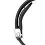 Side view of a black watch strap with a silver clasp and pin buckle, designed for the Cartier Santos de Cartier Chronograph, isolated on a white background.