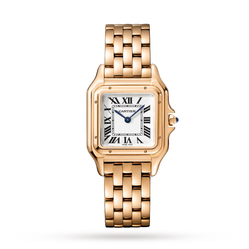 The Panthère de Cartier watch by Cartier features Roman numerals and a linked bracelet, displayed on a white background.