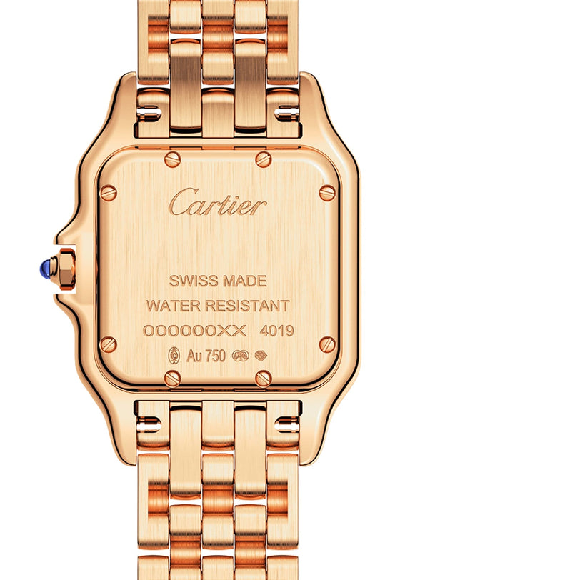 Back view of the Panthère de Cartier watch by Cartier in rose gold, featuring engraved brand name, water resistance info, serial number, hallmarks on the case, and a crown set with a blue sapphire.