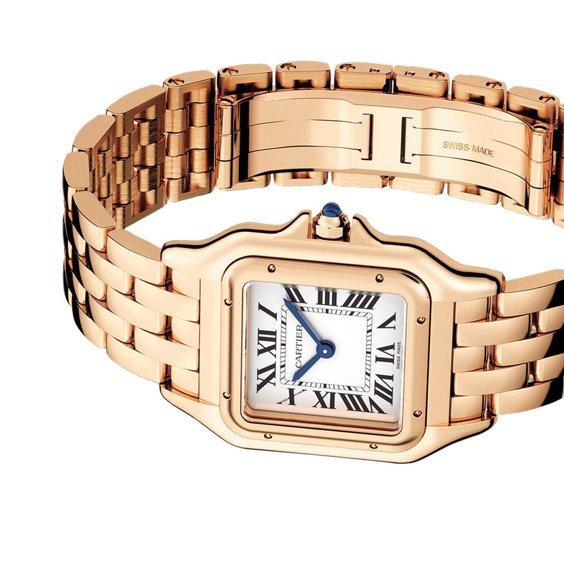 The Cartier Panthère de Cartier watch, in rose gold with a linked bracelet, Roman numeral markers, and a blue sapphire crown, is shown on a white background.