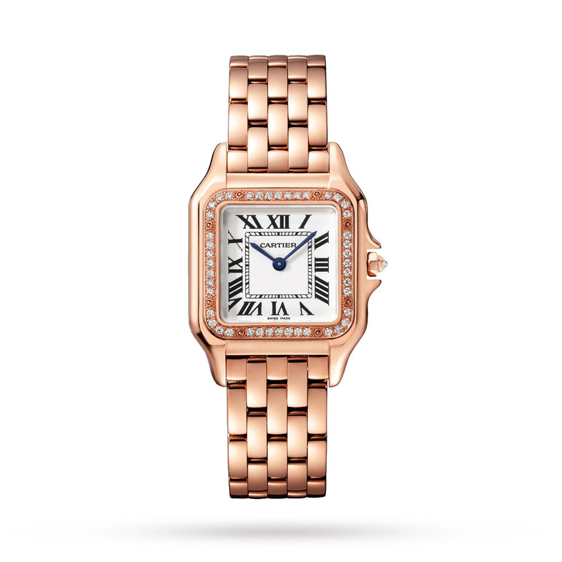The Panthère de Cartier watch by Cartier in rose gold features diamond accents, a square face with Roman numerals, blue steel hands, and a matching metal link bracelet, elegantly showcased on a white background.