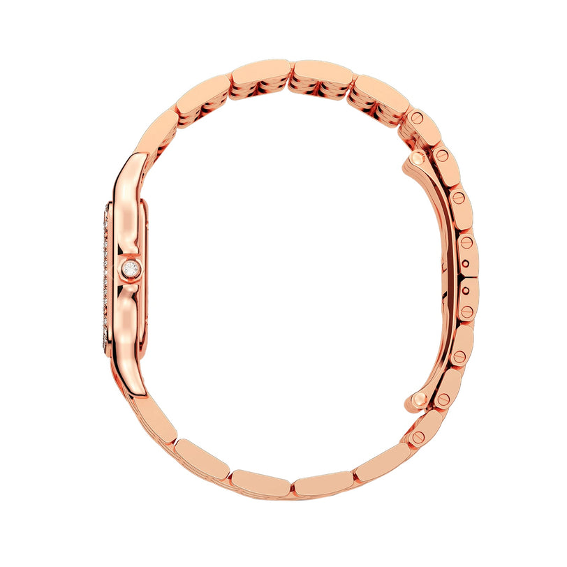 Side view of the Panthère de Cartier watch by Cartier, featuring a rose gold metal link band and a round crown set with a small diamond stone.