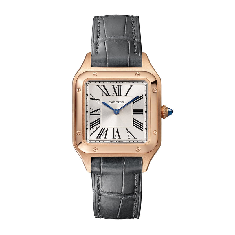 The Cartier Santos-Dumont features an 18K rose gold square case, white dial with black Roman numerals and blue hands, complemented by a dark gray leather strap.