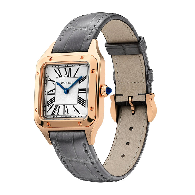 The Cartier Santos-Dumont watch features an 18K rose gold square case, a white dial with Roman numerals, blue hands, and a grey leather strap.