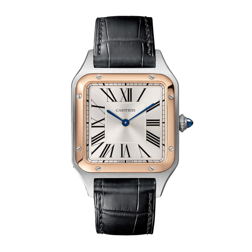 The Cartier Ballon Bleu de Cartier watch features a distinctive round face, Roman numeral hour markers, blue hands, a black leather strap, and a silver-toned bezel—an elegant choice among classic wristwatches.