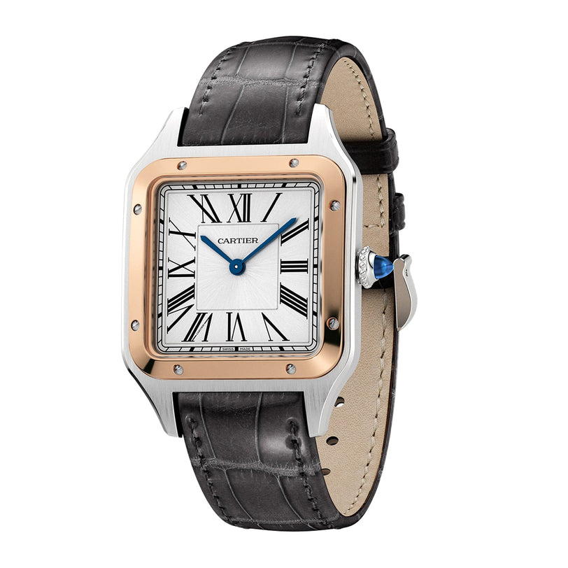 A round Cartier Ballon Bleu de Cartier watch with a white dial, Roman numerals, blue hands, a gold and silver bezel, and a black leather strap.