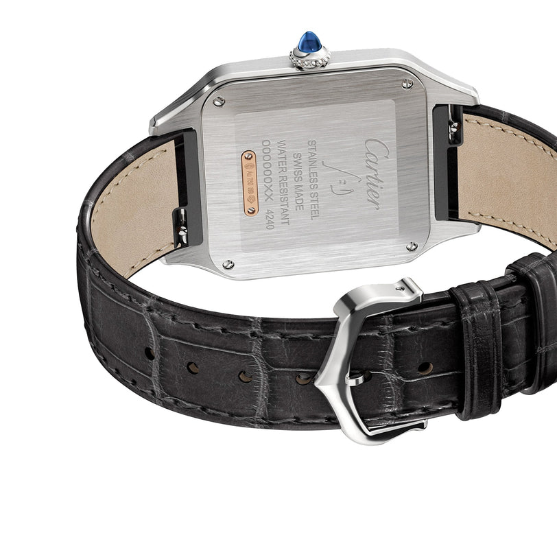 Back view of a Ballon Bleu de Cartier watch by Cartier, featuring a black leather strap, stainless steel case, and engraved details on the case back—a timeless luxury wristwatch.