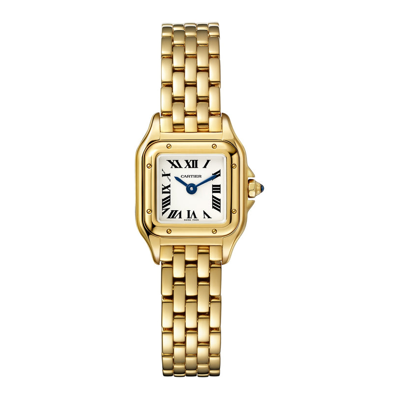 Panthère de Cartier wristwatch by Cartier featuring a square white face, Roman numerals, and a linked bracelet band.