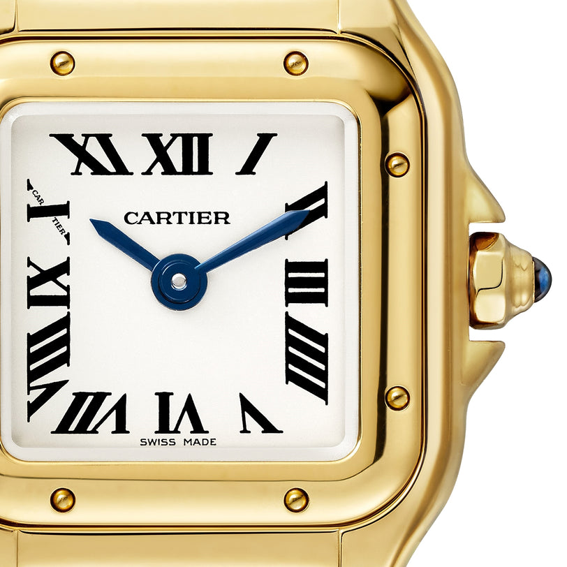 Close-up of a Panthère de Cartier gold wristwatch by Cartier, featuring Roman numerals and blue hands on a white dial.