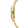Side view of the Panthère de Cartier gold wristwatch by Cartier, featuring a blue gemstone-set crown and a gold metal link bracelet.