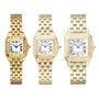 Three Cartier Panthère de Cartier gold wristwatches with square faces and Roman numerals are displayed side by side on a white background.