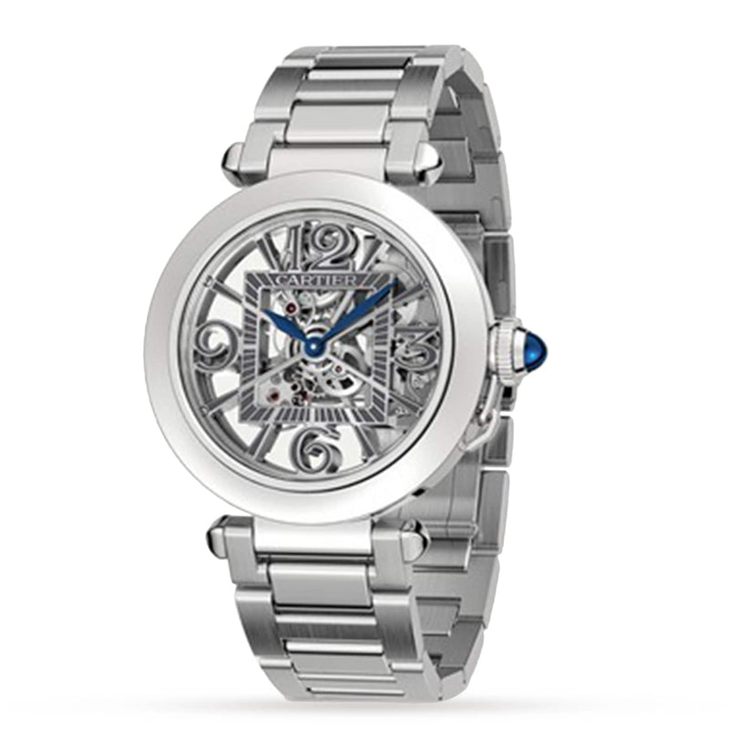 The Cartier Pasha de Cartier Skeleton watch features a silver case, skeleton movement, metal bracelet, blue hands, and an exposed mechanism that highlights its intricate gears and components.