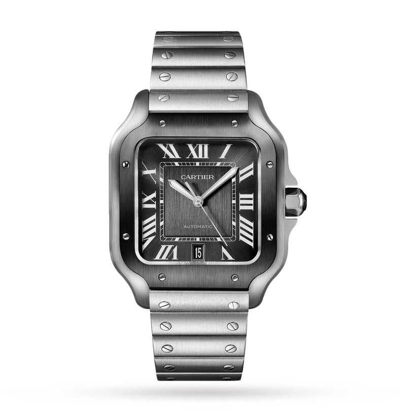 The Santos de Cartier by Cartier is a stainless steel watch with a square black dial, Roman numerals, date at 6 o’clock, metal bracelet with screw details, and an interchangeable bracelet system.