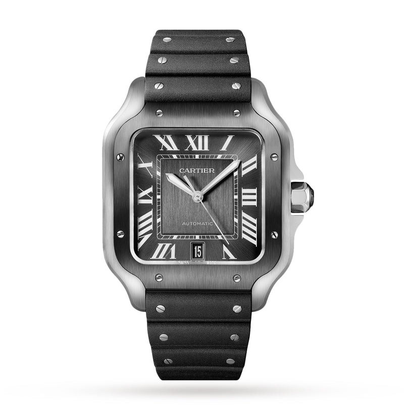 The Santos de Cartier by Cartier features a square stainless steel case, black Roman numeral dial, automatic movement, date at 6 o’clock, black strap with visible screws, plus QuickSwitch for easy bracelet changes.