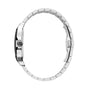 Side view of the Cartier Santos de Cartier watch in silver, showcasing its round case, linked bracelet, crown, clasp, and QuickSwitch system for easy strap changes.