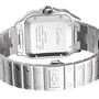 Close-up of the back of the Santos de Cartier by Cartier, highlighting its engraved details, visible serial number, signature screw-motif bracelet, and glimpses of the QuickSwitch system for easy strap changes.
