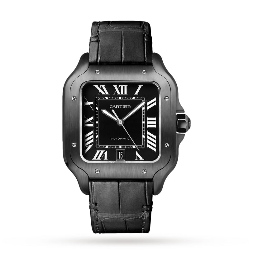 The Cartier Santos de Cartier watch features a black square face, Roman numerals, date window at 6 oclock, automatic movement, and a black leather strap with QuickSwitch interchangeability.
