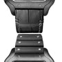 Close-up of a Cartier Santos de Cartier watch strap in black leather with visible stitching, metal screw connectors, and the QuickSwitch interchangeability system.