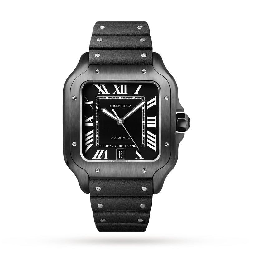 The Cartier Santos de Cartier is a black watch with a square face, Roman numerals, visible screws, a black strap, and the QuickSwitch interchangeability system.