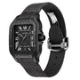 The Cartier Santos de Cartier watch features a black square face with Roman numerals, date display, black leather strap, silver clasp with QuickSwitch interchangeability, shown at a three-quarter angle.