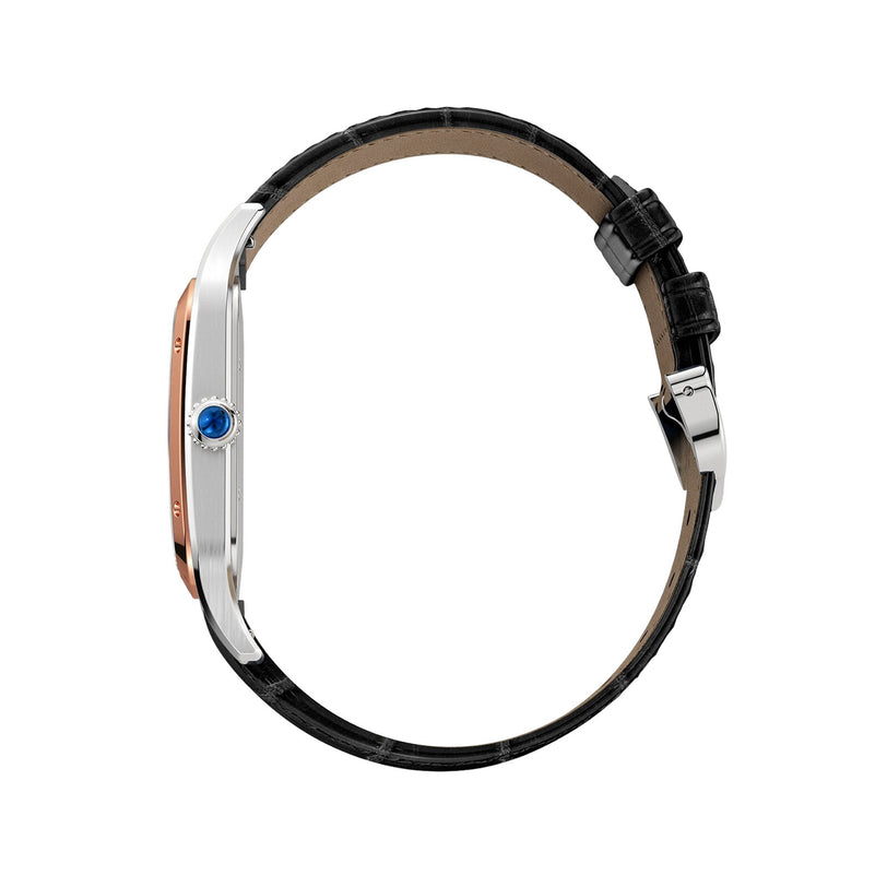 Side view of the Cartier Santos-Dumont watch, showcasing a black leather strap, silver and rose gold case, and blue crown on a white background.