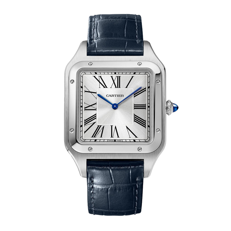 The Cartier Santos-Dumont watch features a square silver dial with Roman numerals, blue hands, and a black leather strap, powered by precise mechanical movement.