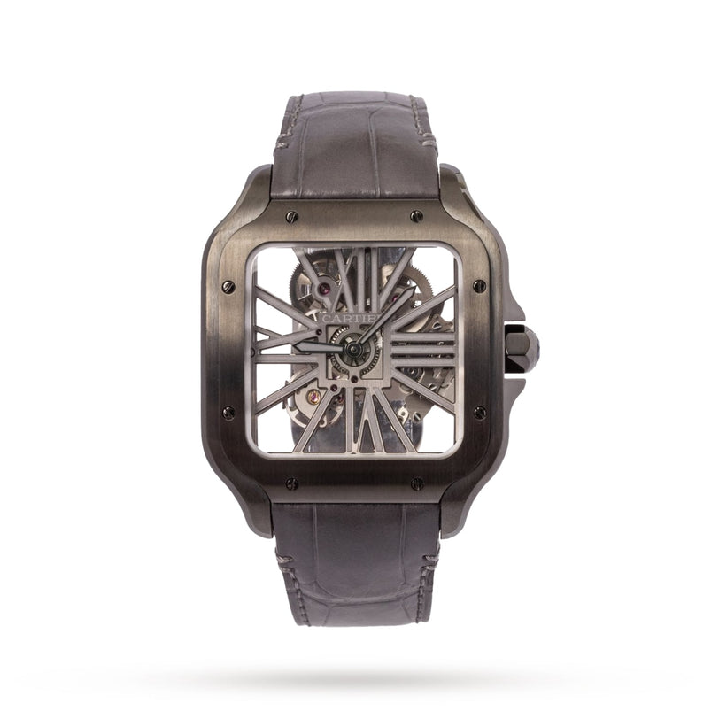 The Cartier Santos de Cartier Skeleton is a square watch with a visible mechanical movement, a gunmetal case, and a dark leather strap featuring the QuickSwitch interchangeability system.
