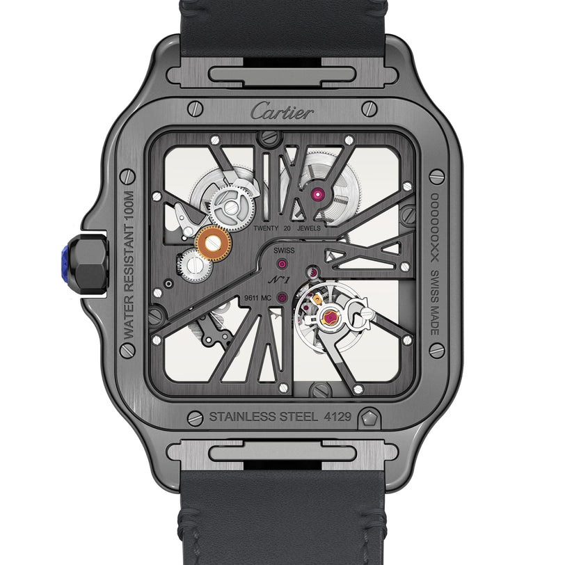Close-up of the back of the Santos de Cartier Skeleton watch by Cartier, showcasing its mechanical movement with visible gears and inner workings through a transparent case.