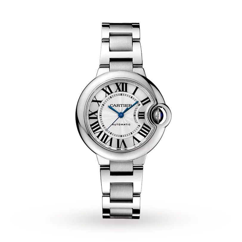 The Ballon Bleu de Cartier watch by Cartier features a silver guilloché dial with Roman numerals, blue hands, and a round face, plus a metal bracelet and a crown adorned with a blue gem.