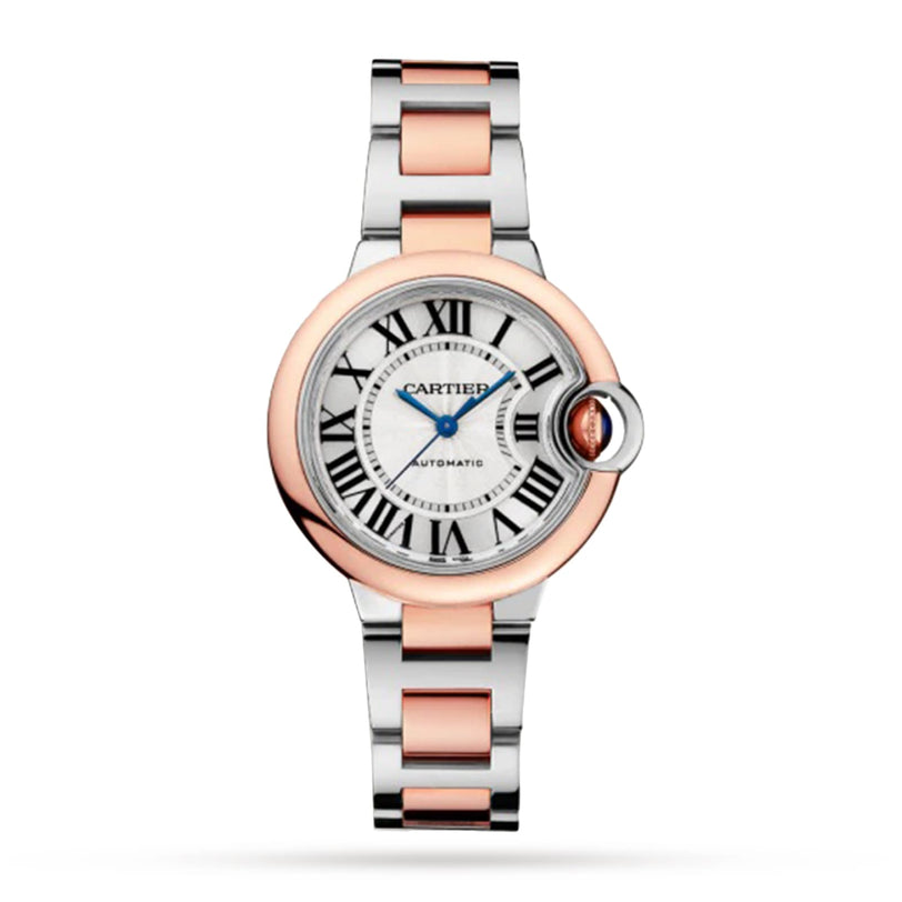The Cartier Ballon Bleu de Cartier watch features a silver and rose gold metal band, round white dial with Roman numerals, blue hands, and precise mechanical movement.