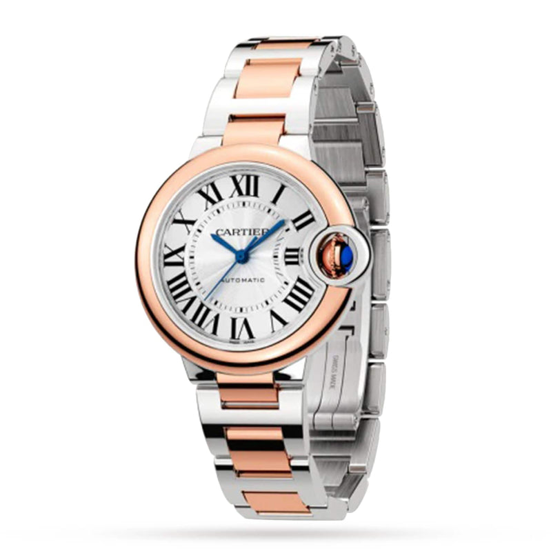 The Ballon Bleu de Cartier wristwatch by Cartier features a round silver and rose gold case, Roman numerals, blue hands, a silver and rose gold metal link band, and precise mechanical movement.