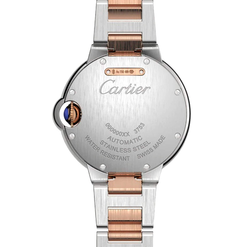 Back view of the Ballon Bleu de Cartier watch by Cartier, featuring a stainless steel and rose gold interchangeable bracelet, engraved brand name, water resistance, mechanical movement, and Swiss made details.