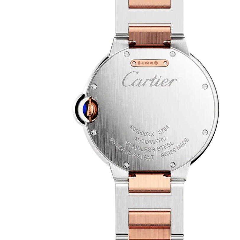 Back view of the Ballon Bleu de Cartier watch by Cartier, with a two-tone stainless steel and rose gold strap, engraved details, interchangeable bracelet design, and a visible blue crown on the side.