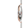 Side view of the Ballon Bleu de Cartier watch by Cartier, featuring a two-tone silver and rose gold finish, set against a plain white background.