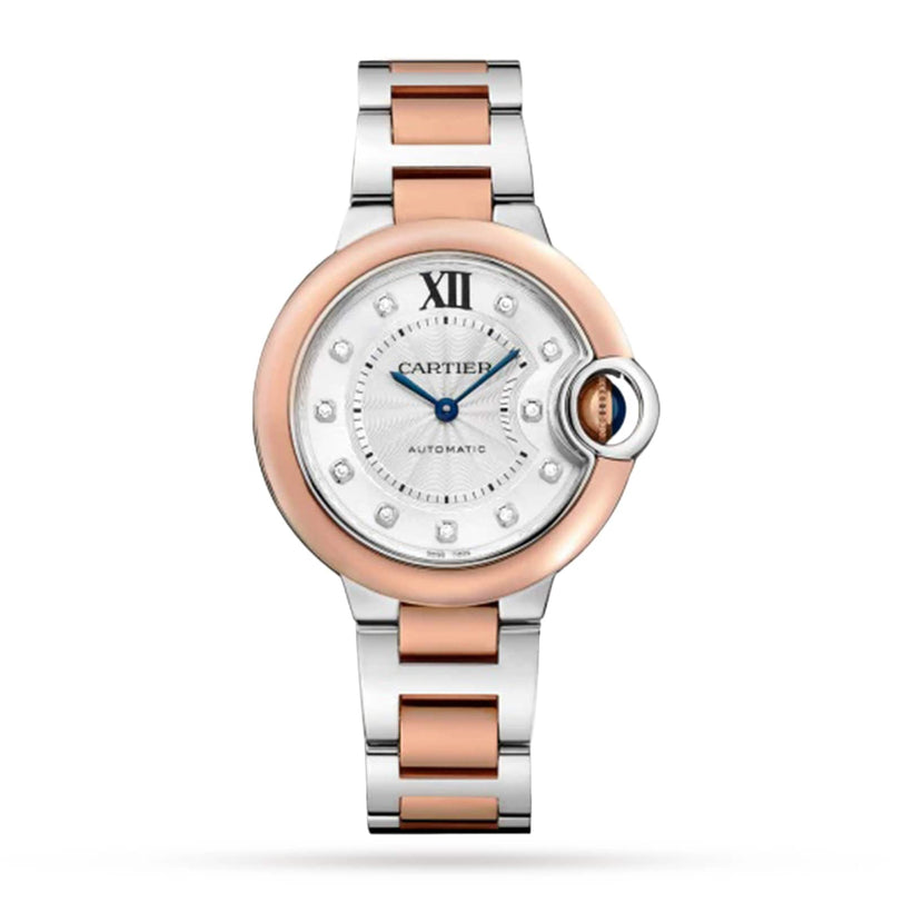The Ballon Bleu de Cartier watch features a silver and rose gold band, a white dial, blue hands, and diamond hour markers.