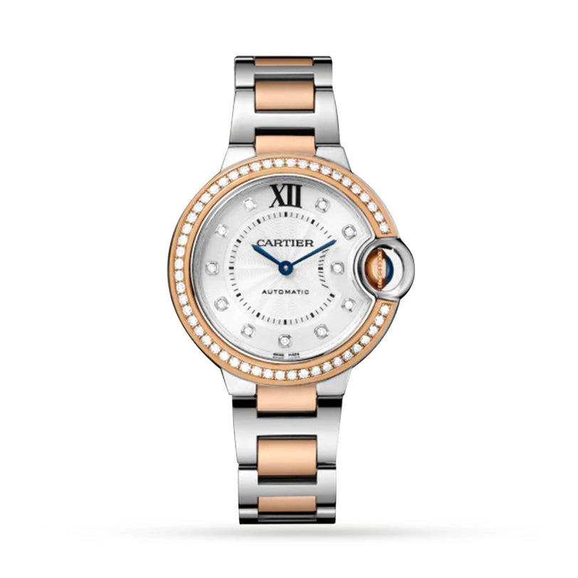 The Ballon Bleu de Cartier watch features a round face, sparkling diamond hour markers, and a two-tone silver and rose gold metal band.