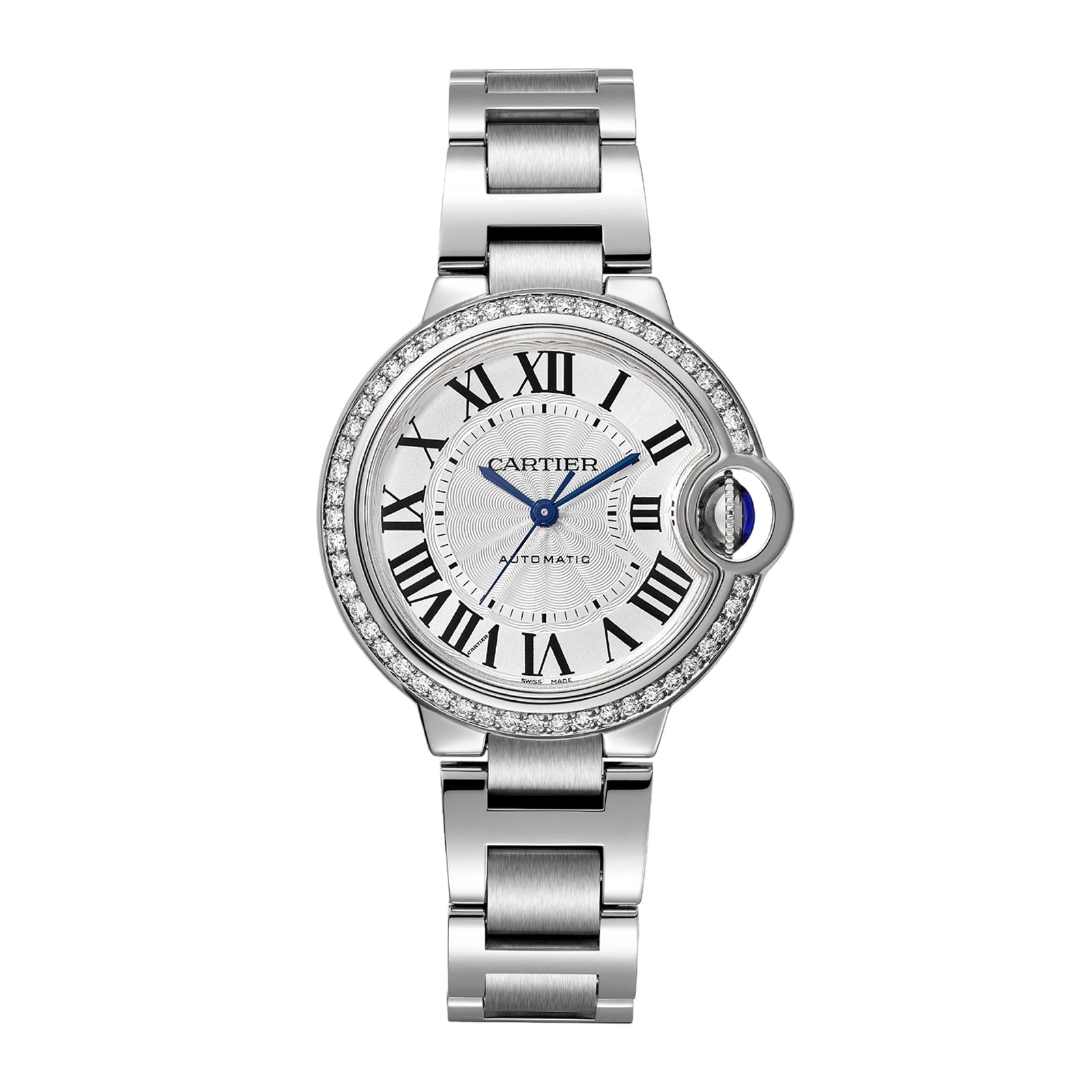 A Ballon Bleu de Cartier wristwatch by Cartier featuring a silver tone, diamond bezel, Roman numeral markers, blue hands, steel case, and metal link bracelet.