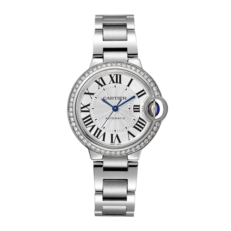 A Ballon Bleu de Cartier wristwatch by Cartier featuring a silver tone, diamond bezel, Roman numeral markers, blue hands, steel case, and metal link bracelet.