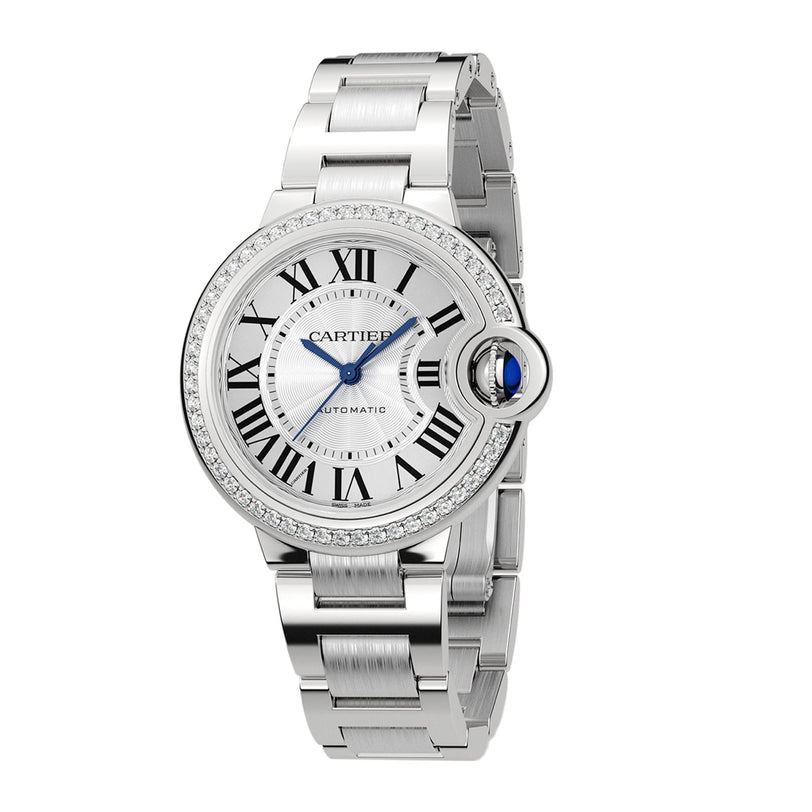 The Ballon Bleu de Cartier by Cartier features a steel case, Roman numeral markers, blue hands, a diamond-set round bezel, and a metallic link bracelet.