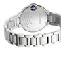 Back view of the Ballon Bleu de Cartier by Cartier, featuring an engraved steel case, elegant bracelet, and signature blue cabochon crown.