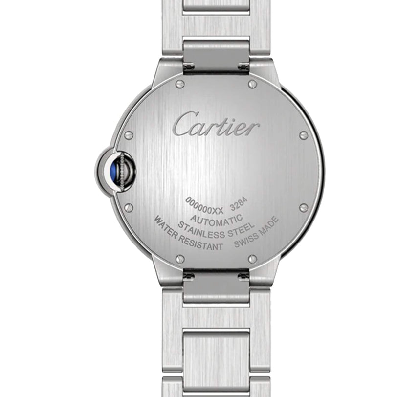 Back view of the Ballon Bleu de Cartier watch by Cartier, featuring engraved logo, serial number, and details like automatic movement, water resistance, and Swiss made insignia on its stainless steel case.