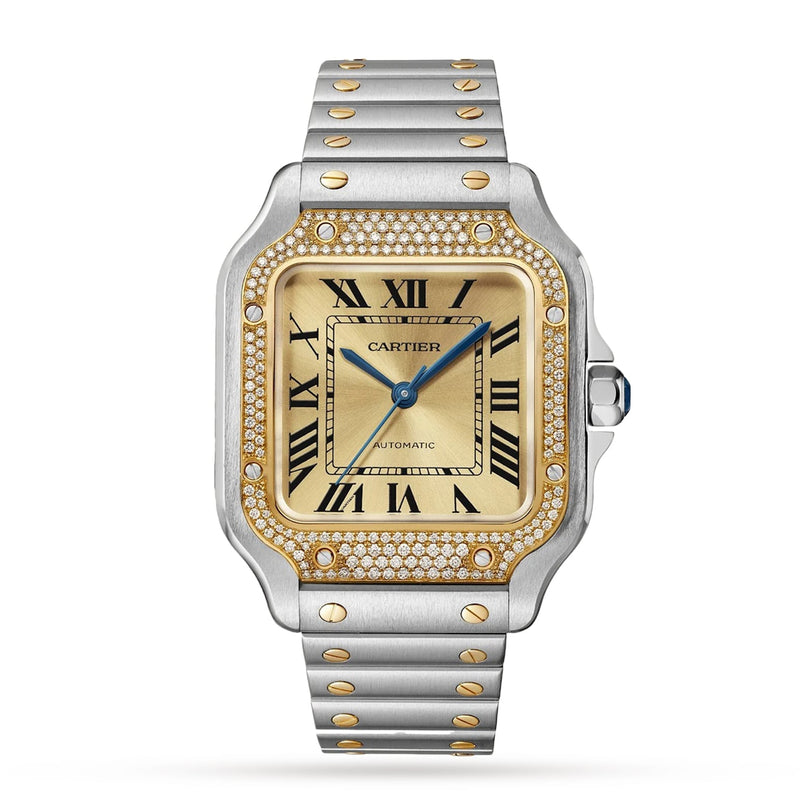 The Santos de Cartier Chronograph by Cartier features a square gold dial with Roman numerals, diamond-set bezel, blue hands, two-tone metal bracelet with gold screws, and automatic winding.