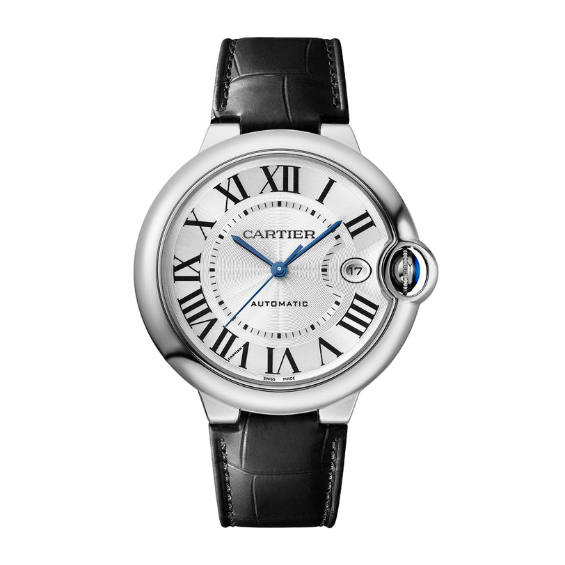 The Cartier Ballon Bleu de Cartier wristwatch features a silver round face, black Roman numerals, blue hands, a date window at 3 o’clock, mechanical movement, and a black leather strap.