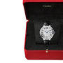 A Cartier Ballon Bleu de Cartier wristwatch with a black leather strap and mechanical movement is displayed in an open red and black Cartier box.