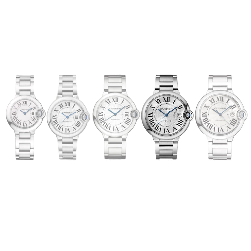 Five Cartier Ballon Bleu de Cartier wristwatches with white dials and Roman numerals, all featuring steel interchangeable bracelets and mechanical movements, are displayed in a row against a white background.